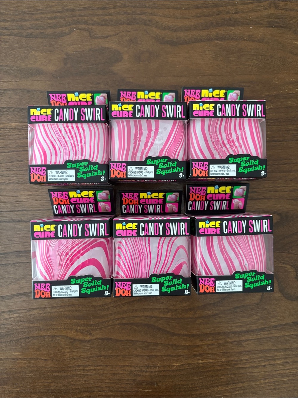 Lot of 6 Needoh Nice Cube Candy Swirl Super Solid Squish Cube Pink/White